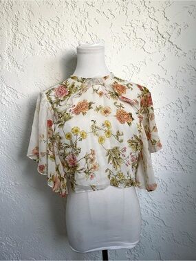 Zara Floral Sheer Crop Blouse | Cottagecore Romantic Chiffon Top S